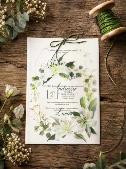Convite de Casamento Floral com Lírios Brancos em Papel Vegetal