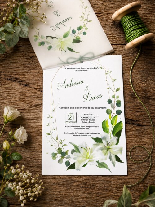 Convite de Casamento Floral com Lírios Brancos em Papel Vegetal