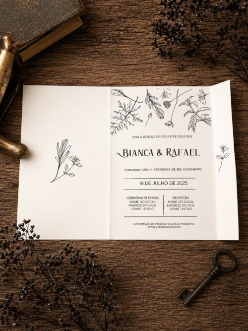 Convite de Casamento Minimalista com Duas Dobras e Ilustração B