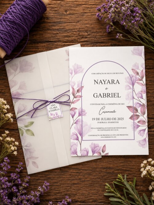Convite de Casamento Floral Lilás com Papel Vegetal