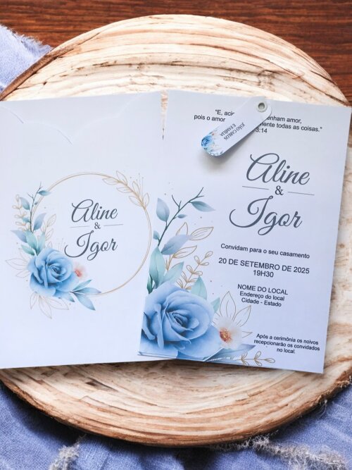 Convite de Casamento Azul Serenity com Ilhós |Convites-Laços-Pe