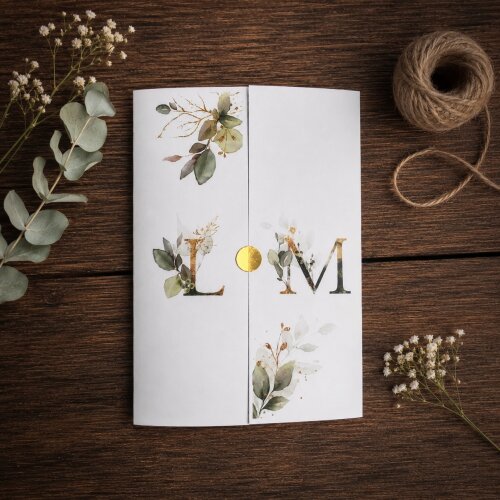 Convite de Casamento com Folhagem Verde e Dourado