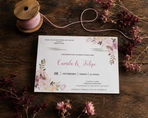 Convite Casamento Floral Marsala Rosé Papel Vegetal
