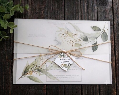 Convite de Casamento Papel Vegetal Folhagem Verde e Dourada