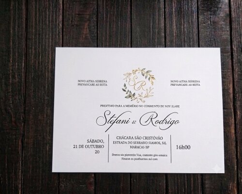 Convite de Casamento Papel Vegetal Verde e Dourado com Folhagens