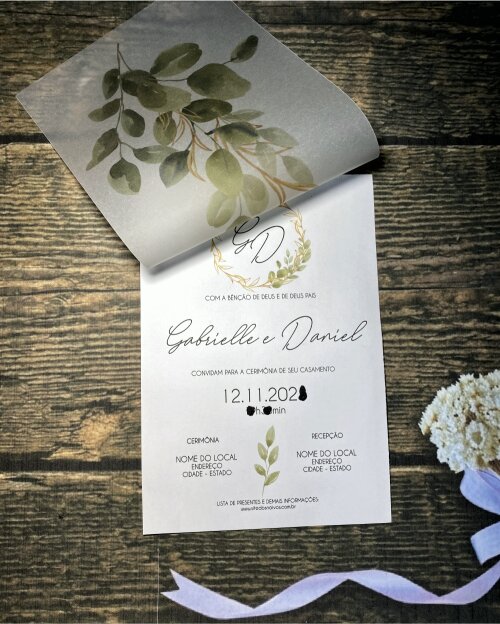 Convite de Casamento Papel Vegetal Verde e Dourado com Folhas