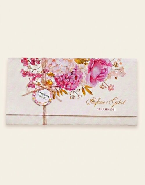 Convite de Casamento Floral Rosa  com Tag Personalizada e Fio Rústico