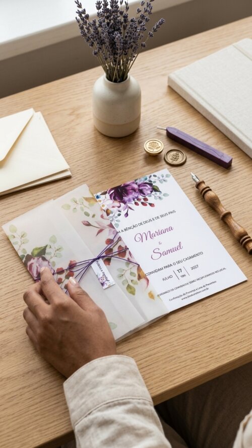 Convite de Casamento em Papel Vegetal Floral Roxo e Violeta