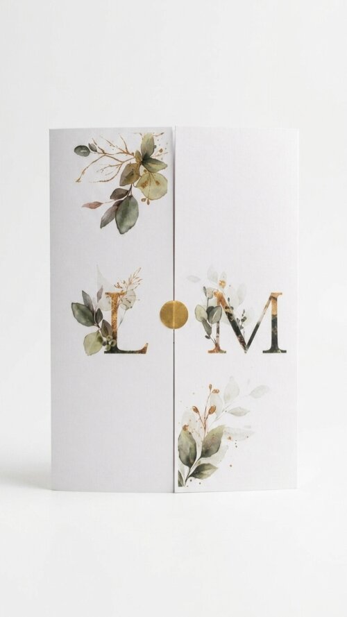 Convite de Casamento com Folhagem Verde e Dourado