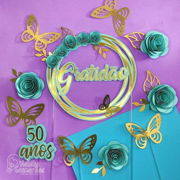 Topo de Bolo Gratidão com Flores 3d