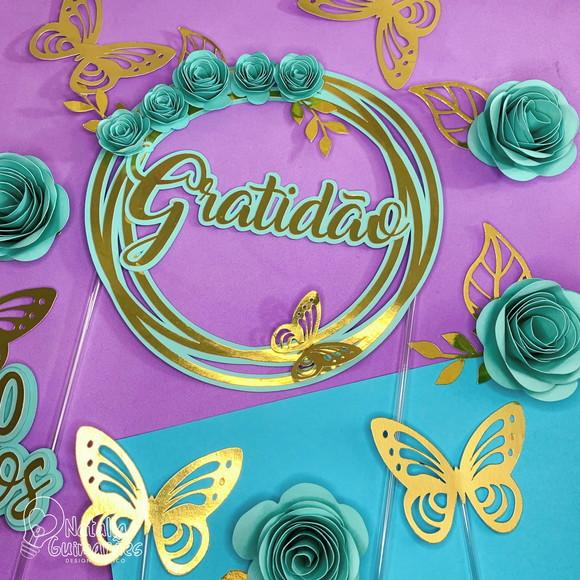 Topo de Bolo Gratidão com Flores 3d