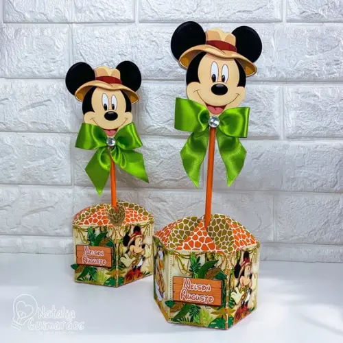 Centro de Mesa Mickey Safari P | Caixa Sextavada - com Laço