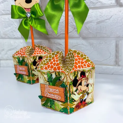 Centro de Mesa Mickey Safari P | Caixa Sextavada - com Laço