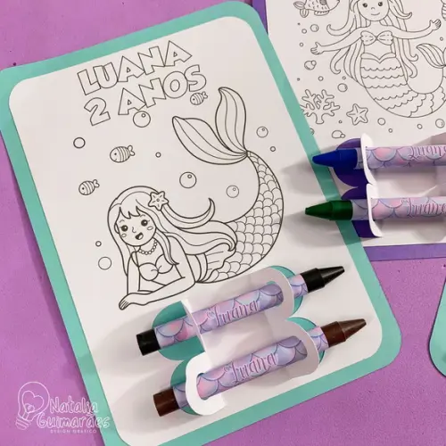 Lembrancinha de Aniversário Sereia Card de Colorir