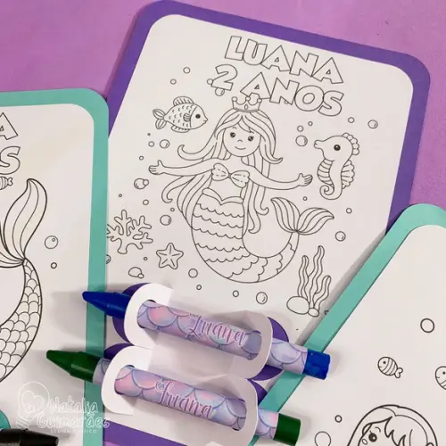 Lembrancinha de Aniversário Sereia Card de Colorir