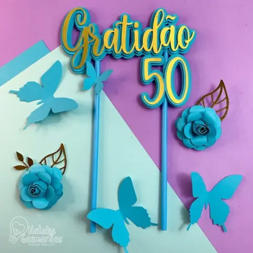 Topo de Bolo Gratidão com Flores 3d