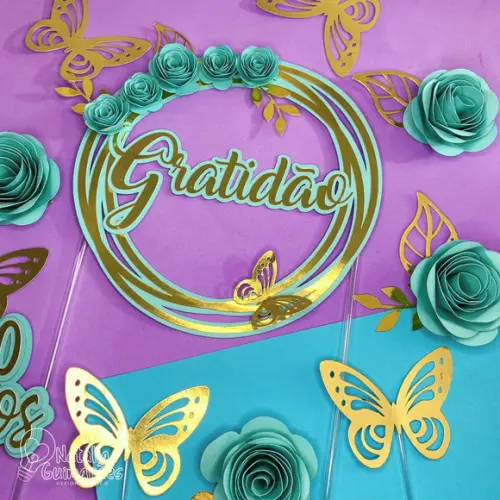 Topo de Bolo Gratidão com Flores 3d