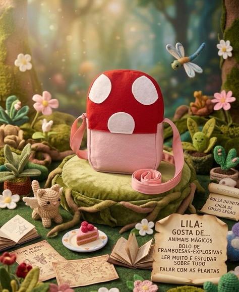 Bolsa Cogumelo Lila Rosa + Presilha Libélula