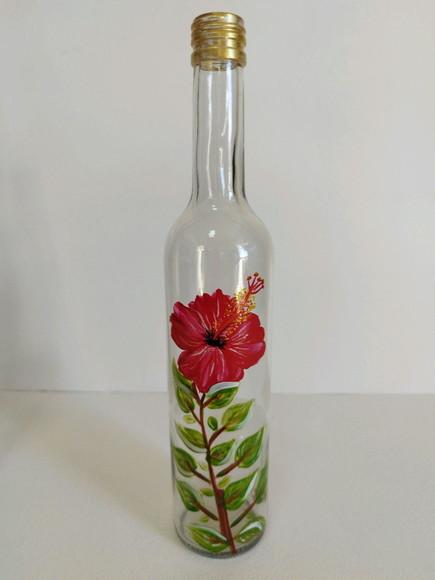 Garrafa Decorada Pintada à Mão Hibisco