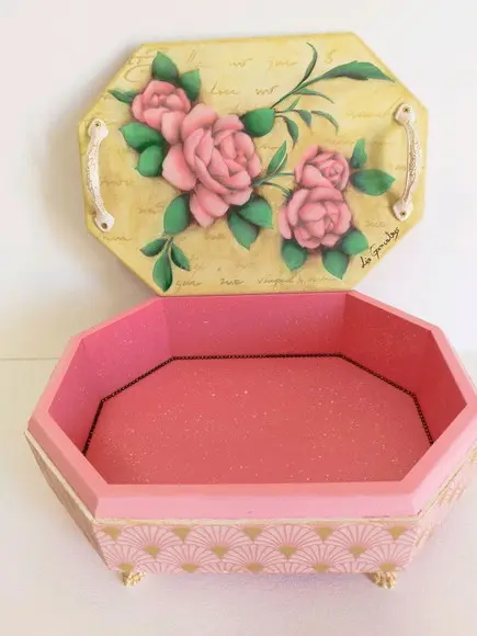 Caixa Russa Retangular Oitavada mdf Decorada Pintada à Mão