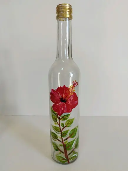 Garrafa Decorada Pintada à Mão Hibisco