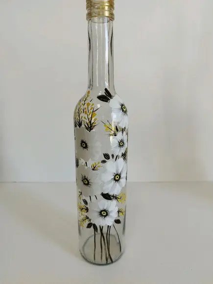 Garrafa Decorada Pintada à Mão Flores Brancas