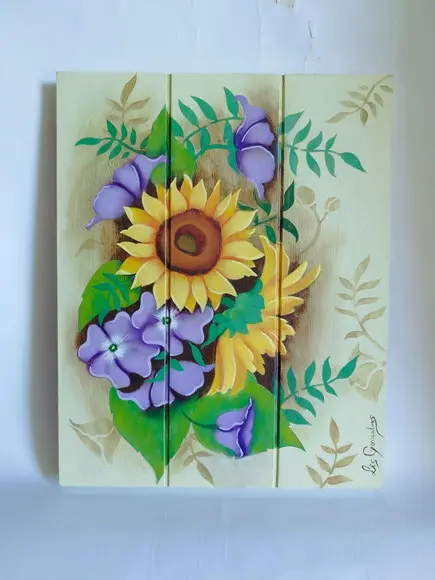 Placa Tipo Pallete Pintada à Mão Girassóis e Flor Flox