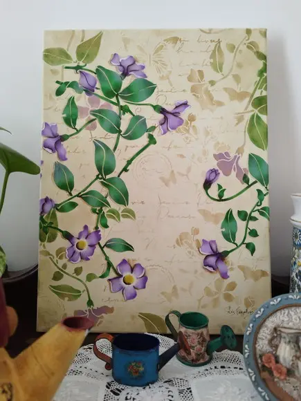 Tela Pintada à Mão com Tinta Acrílica Flores Thumbergias