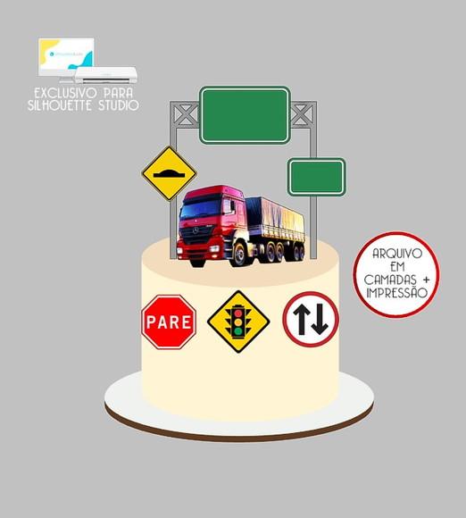 1087 - Arquivo Topo de Bolo Caminhão Carreta Placas Trânsito