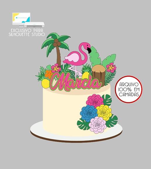 1177 - Arquivo Topo de Bolo Flamingo Flores