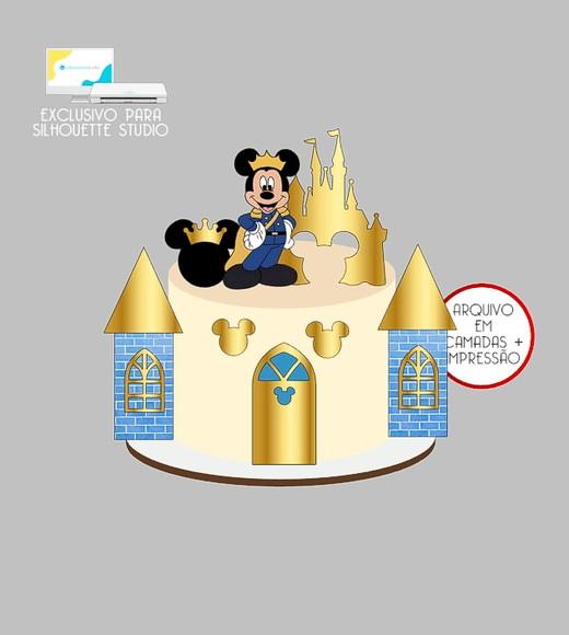 1253 - Arquivo Topo de Bolo Mickey Realeza Castelo 3d