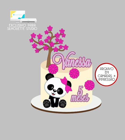 1510 - Arquivo Topo de Bolo Urso Panda Flores