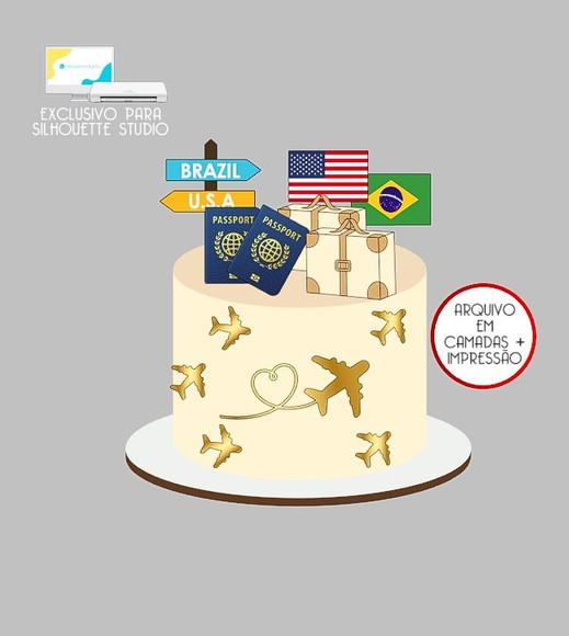 1542 - Arquivo Topo de Bolo Viagem Avião Malas