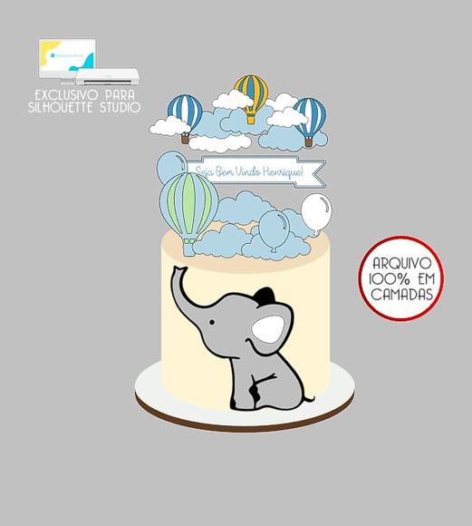 1580 - Arquivo Topo de Bolo Elefante Elefantinho Balões