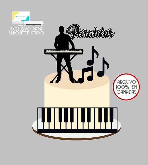 1659 - Arquivo Topo de Bolo Teclado Notas Musicais