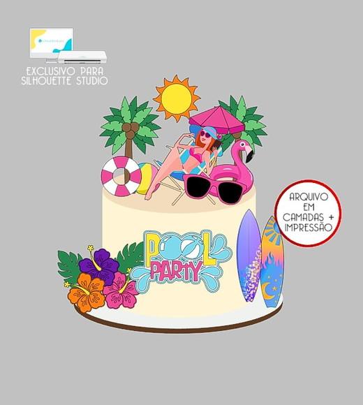 1756 - Arquivo Topo de Bolo Praia Pool Party Mulher