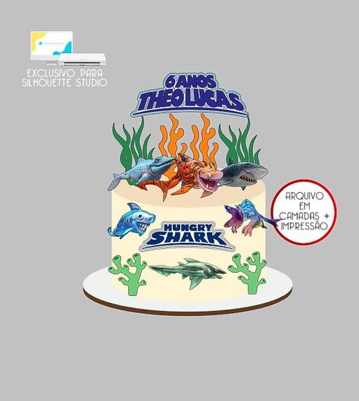 1813 - Arquivo Topo de Bolo Hungry Shark Tubarão