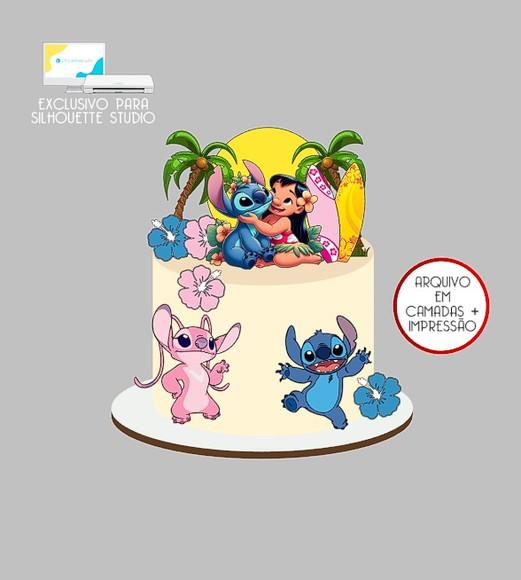 2052 - Arquivo Topo de Bolo Lilo e Stitch Flores