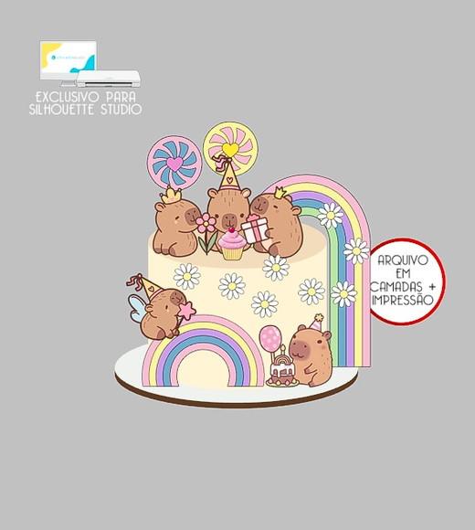 2063 - Arquivo Topo de Bolo Capivara Margaridas Arco-íris
