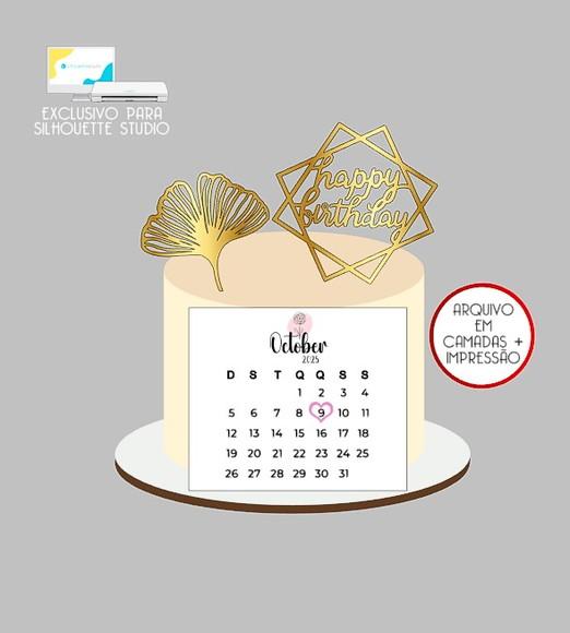2137 - Arquivo Topo de Bolo Happy Birthday Calendário