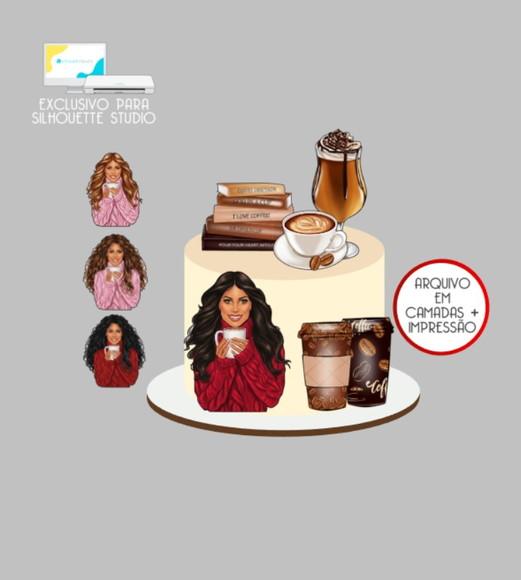 2263 - Arquivo Topo de Bolo Café Mulher Livros