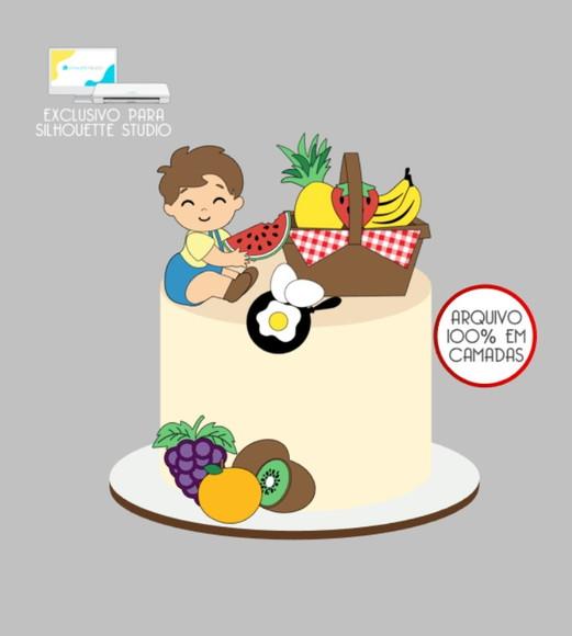 2268 - Arquivo Topo de Bolo Frutinhas Frutas Menino Cesta 3d