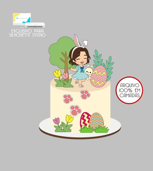 2411 - Arquivo Topo de Bolo Páscoa Menina Coelhinha