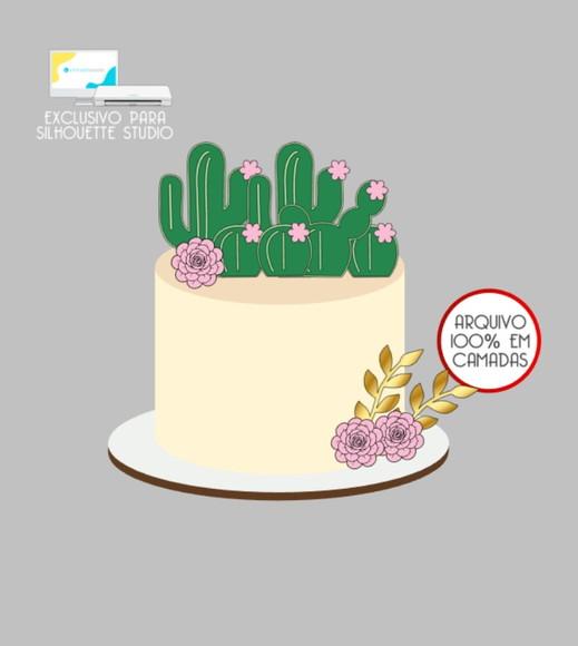 2448 - Arquivo Topo de Bolo Cactos Flores