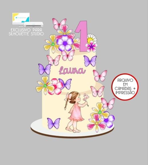 2492 - Arquivo Topo de Bolo Menina Flores e Borboletas