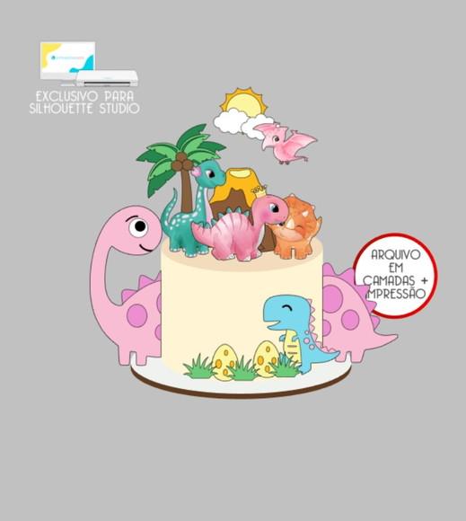 2494 - Arquivo Topo de Bolo Dinossauro Menina