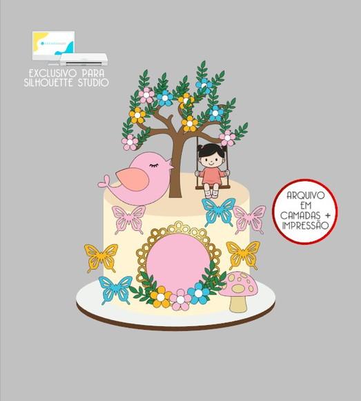 2558 - Arquivo Topo de Bolo Jardim Encantado Menina Balanço