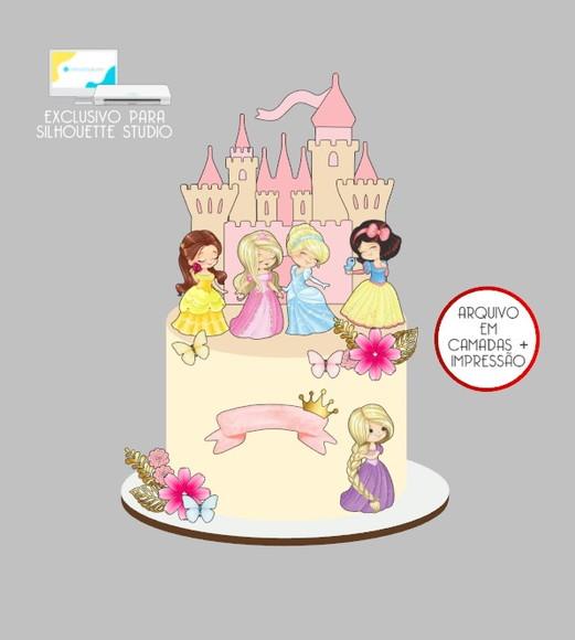 2598 - Arquivo Topo de Bolo Princesas Baby Aquarela Castelo