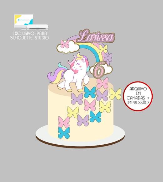 2663 - Arquivo Topo de Bolo Unicórnio Borboletas
