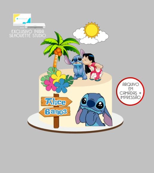 2746 - Arquivo Topo de Bolo Lilo e Stitch Flores